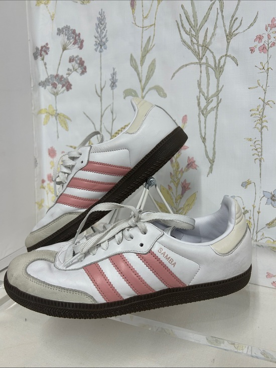 adidas Shoes - adidas Samba Sneakers - White with Pink Stripes and Brown Sole